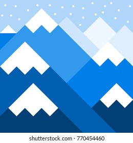 Vector panoramic mountain cartoon landscape. blue sky, hills and mountains with snow on the peaks. 