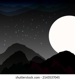 vector panoramic night mountain with moonlight and stars