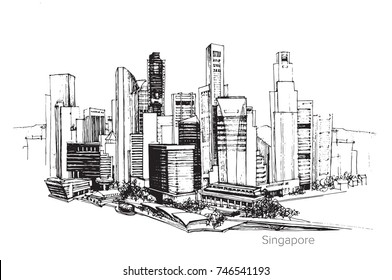 Vector panoramic Singapore city sketch. Skyline silhouette of the city. Hand draw with architecture. Black and white illustration of the business town for postcards, t-shirts, 
wallpaper, notebooks.