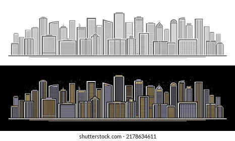 Vector Panoramic Skyline, monochrome horizontal art concept with linear design skyline city scape on white background and decorative banner with illuminated panoramic skyline on black sky background