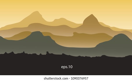 vector panoramic view of the mountain landscape with fog