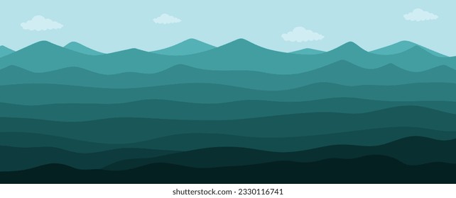 Vector Panoramic view natural landscape with mountains, hills, blue sky and clouds. Minimal horizontal background. Abstract modern and stylized flat vector illustration 