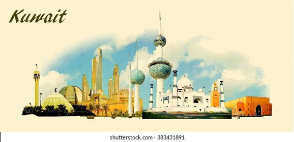 vector panoramic water color  illustration of KUWAIT city   