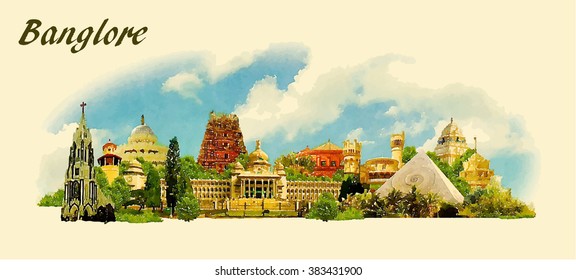 vector panoramic water color  illustration of BANGALORE city