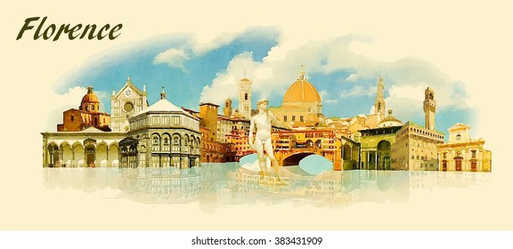 vector panoramic water color  illustration of FLORENCE city