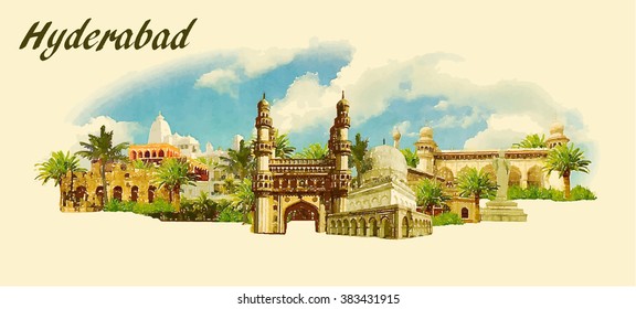 vector panoramic water color  illustration of HYDERABAD city