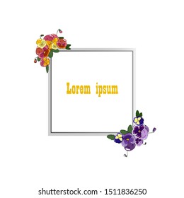 Vector Pansy flower frame isolated on white. Bright and colorful floral frame design. Yellow, purple, blue. Imitating paper