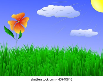Vector of a pansy on a grass field, in a spring or summer day