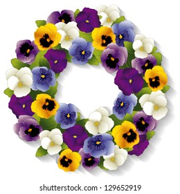 vector - Pansy Wreath. Spring Viola flowers in purple, lavender, blue, gold and white. Copy space. Isolated on white background. EPS8 compatible.