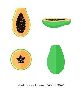 Vector papaya exotic fruit set in flat style with seeds isolated on the white background