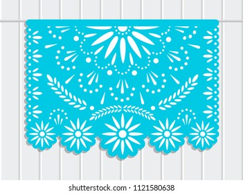 Vector papel picado banner with floral pattern. Paper cut template. Mexican decorations.