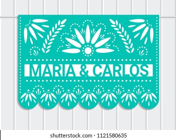 Vector papel picado banner with place for name or text and floral pattern. Paper cut template. Mexican decorations.