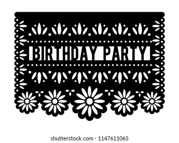 Vector papel picado. Birthday Party banner. Laser cut template. Paper Mexican decorations. 