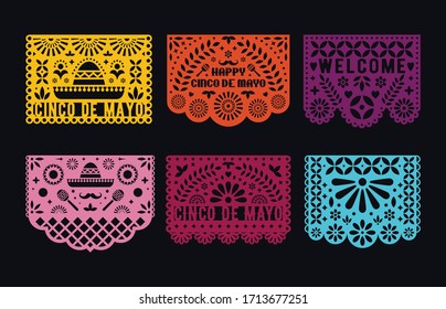 Vektorillustration Papel Picado Karten Set. mexikanische Papierdekorationen für Feiern. Schneiden Sie Kompositionen für Papiergarten aus. 5. Mai, mexikanischer Urlaub Cinco de mayo.