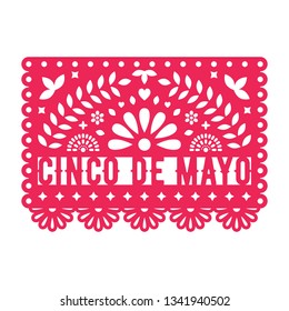 Vector Papel Picado greeting card with floral and decorative elements. Cinco de mayo. Paper cut template. Mexican paper garland.