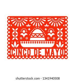 Vector Papel Picado greeting card with sombrero and decorative elements. Cinco de mayo. Paper cut template. Mexican paper garland.