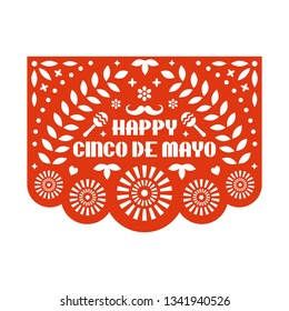 Vector Papel Picado greeting card with floral pattern and text. Happy Cinco de mayo. Paper cut template. Mexican paper garland.