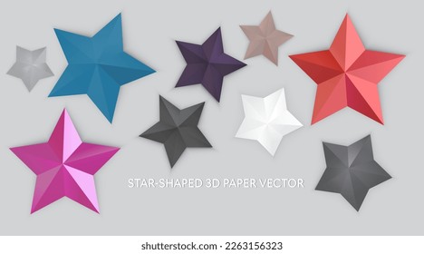 Vector paper 3D star shape, origami star shape, on gray background.