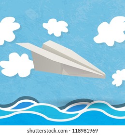 vector paper aircraft landing over water