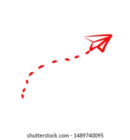 Vector paper airplane with dashed trace line. Travel, route symbol. Vector illustration of hand drawn paper plane. Isolated. Outline. Hand drawn doodle airplane. Icon, red lines with different wide