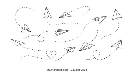 Vector paper airplane. Outline flying planes with dotted track direction. Travel or message symbol. Black linear paper plane icon