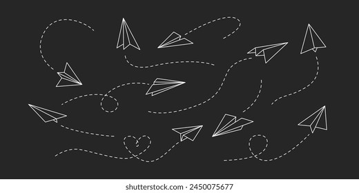 In: Vektorgrafik Paper Airplane. Umrisse von Flugzeugen mit gepunkteten Titeln. Reise- oder Nachrichtensymbol. Schwarzes Symbol für lineare Papierebene