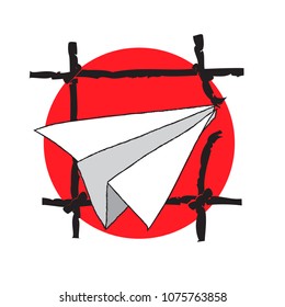 Vector paper airplane prison jail window blocking 
telegram