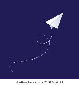 Vector paper airplane send with dotted lines flat style.