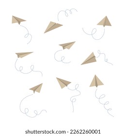 Vector paper airplane set. Icon symbol of travel and route. isolated on white background.