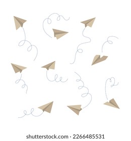 Vector paper airplane set. Icon symbol of travel and route. isolated on white background.