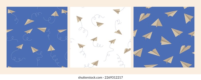 Vector paper airplane set. Icon symbol of travel and route. Set of three vector seamless patterns.