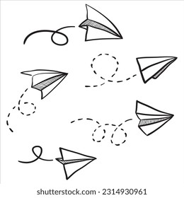 Vector paper airplane. Travel, route symbol. Hand drawn paper airplane vector illustration set. Isolated. Outline. Hand drawn doodle airplane. Black linear paper airplane icon.