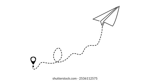 Avión de papel de Vector. Viaje, Ilustración vectorial del símbolo de la ruta del plano de papel dibujado a mano. Aislado, contorno, dibujado a mano doodle avión. avión de papel icono de vuelo