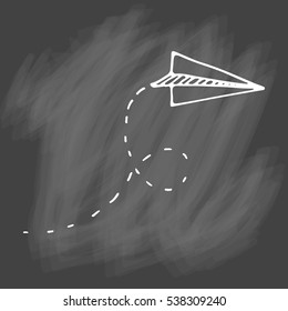 Vector paper airplane. Travel, route symbol. Vector illustration of hand drawn paper plane. Isolated on white background. Outline. Chalk