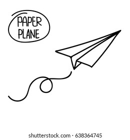 Vector paper airplane. Travel, route symbol. Vector illustration of hand drawn paper plane. Isolated. Outline. Hand drawn doodle airplane. Black linear paper plane icon 