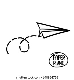 Vector paper airplane. Travel, route symbol. Vector illustration of hand drawn paper plane. Isolated. Outline. Hand drawn doodle airplane. Black linear paper plane icon 