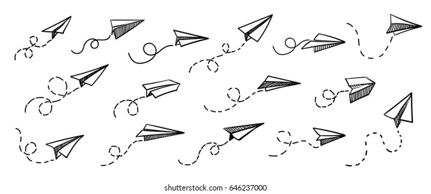 Vector paper airplane. Travel, route symbol. Set of vector illustration of hand drawn paper plane. Isolated. Outline. Hand drawn doodle airplane. Black linear paper plane icon.