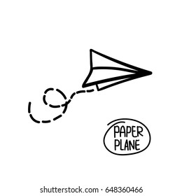 Vector paper airplane. Travel, route symbol. Vector illustration of hand drawn paper plane. Isolated. Outline. Hand drawn doodle airplane. Black linear paper plane icon 