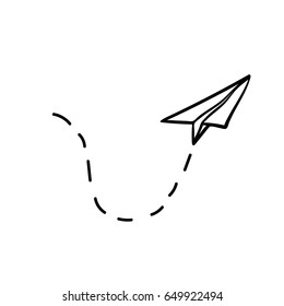 Vector paper airplane. Travel, route symbol. Vector illustration of hand drawn paper plane. Isolated. Outline. Hand drawn doodle airplane. Black linear paper plane icon 