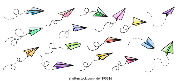 Vector paper airplane. Travel, route symbol. Set of colourful vector illustration of hand drawn paper plane. Isolated. Outline. Hand drawn doodle airplane. Black linear paper plane icon.