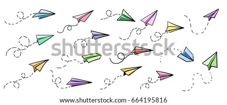 Vector paper airplane. Travel, route symbol. Set of colourful vector illustration of hand drawn paper plane. Isolated. Outline. Hand drawn doodle airplane. Black linear paper plane icon.