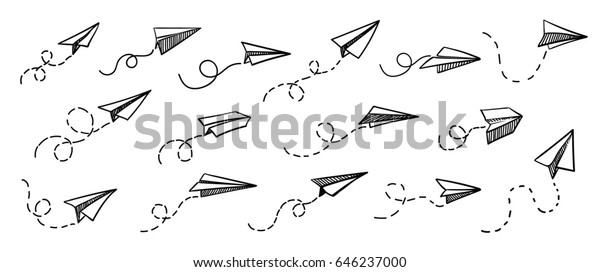 Vector paper\
airplane. Travel, route symbol. Set of vector illustration of hand\
drawn paper plane. Isolated. Outline. Hand drawn doodle airplane.\
Black linear paper plane\
icon.