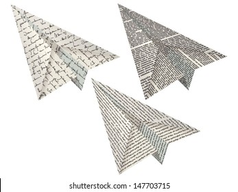 Vector paper airplanes with three different textures of the unreadable text lines.