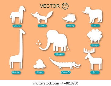 Vector Paper Animals from the zoo on an orange background with the words underneath

