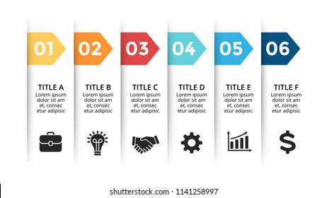 Infografik der Vektorpapierpfeile, Banner-Diagramm, Etikettendiagramm, Aufkleber-Präsentationstabelle. Geschäftskonzept mit 6 Optionen, Teilen, Schritten, Prozessen. Vorlage verschieben.