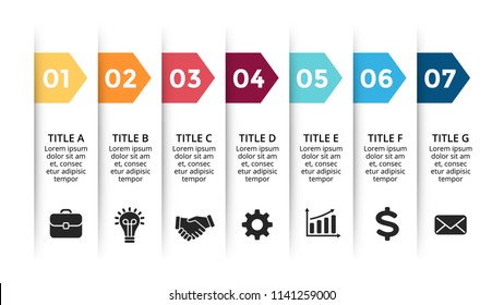 Vector paper arrows infographic, banners diagram, labels graph, stickers presentation chart. Business concept with 7 options, parts, steps, processes. Slide template.