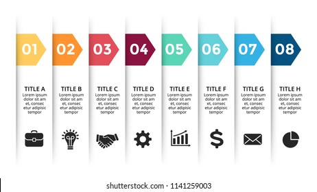 Vector paper arrows infographic, banners diagram, labels graph, stickers presentation chart. Business concept with 8 options, parts, steps, processes. Slide template.