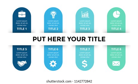 Vector paper arrows infographic, banners diagram, labels graph, stickers presentation chart. Business concept with 8 options, parts, steps, processes. Slide template.