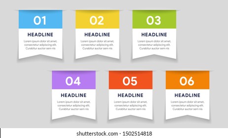 Vector paper arrows infographic, banners diagram, labels graph, stickers presentation chart. Business concept with 6 options, parts, steps, processes. Slide template.