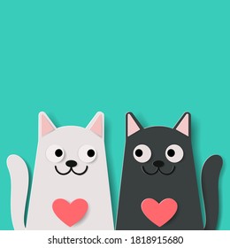 Vector paper art and, Digital craft style of funny cartoon cute black cat and white cat on green background. Anniversary, Valentine Day concept. eps 10.